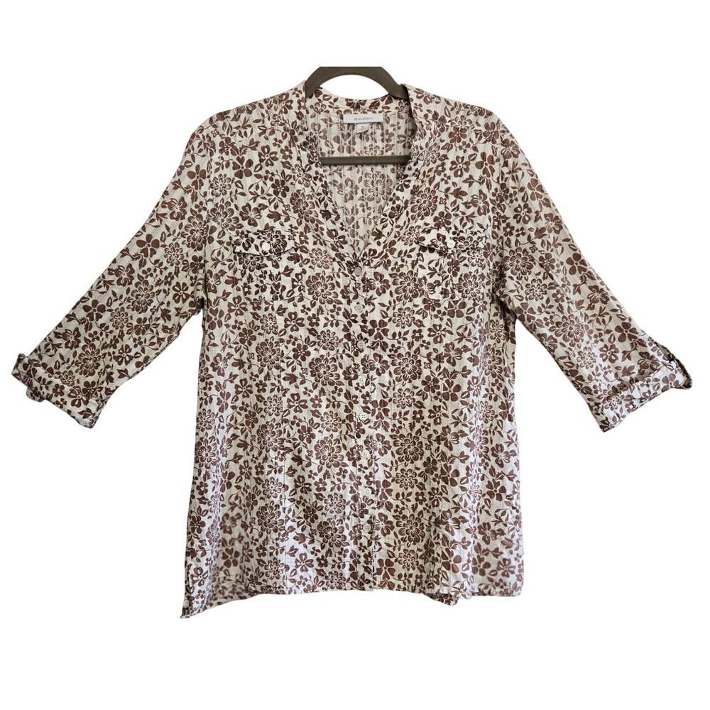Dressbarn Women XL Boho Brown White Floral Cotton 3/4 Sleeve Button Down Blouse